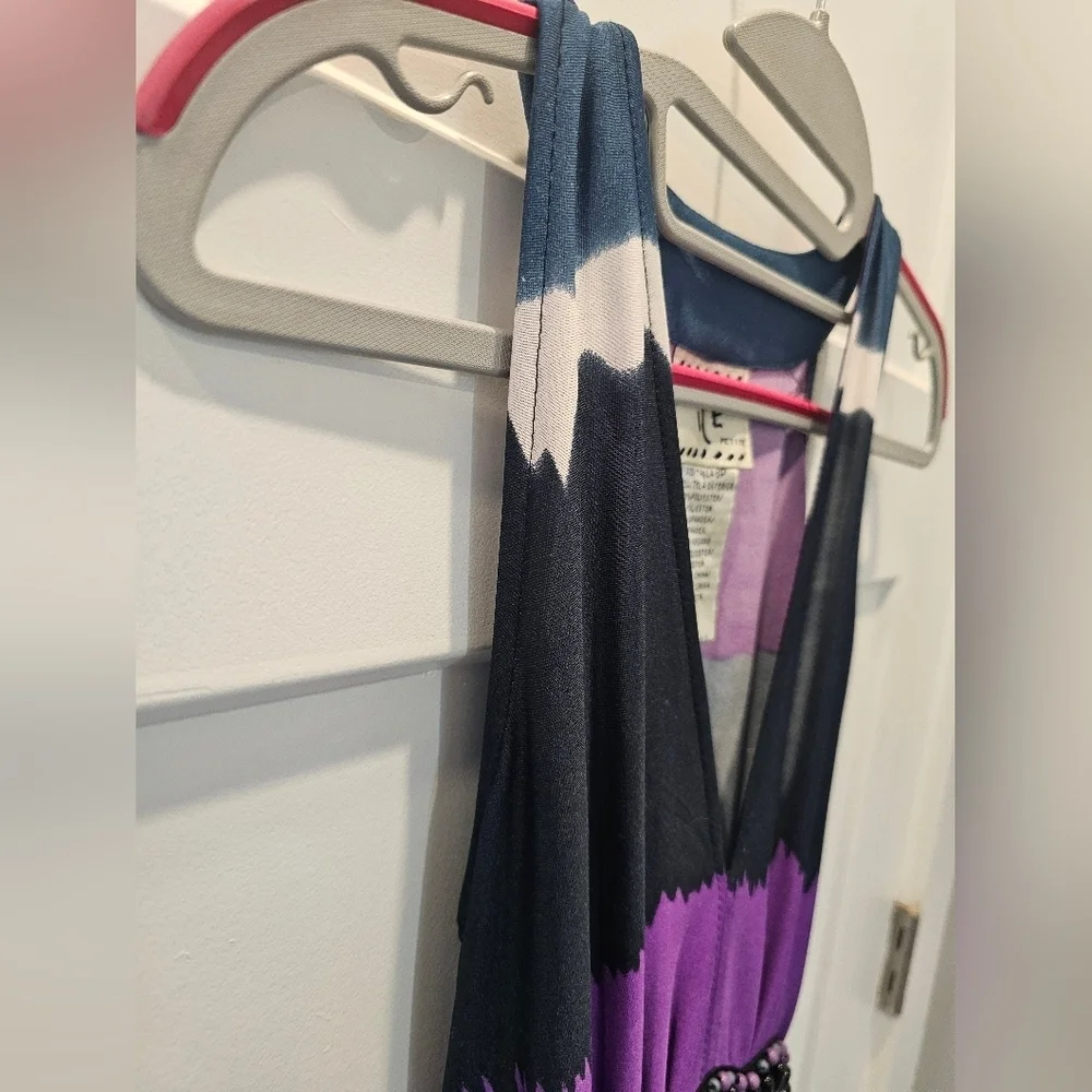 ICE Petite Beaded Waist Maxi Dress 8P Purple Navy Ombre Sleeveless Stretch